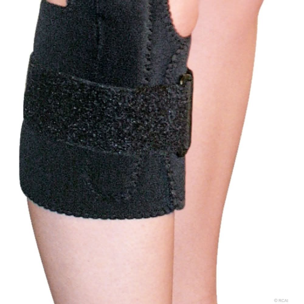 Black neoprene wrap around knee brace with covered hinge, adjustable strap, and soft padding, made in the USA, best.