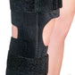 Black neoprene wrap-around knee brace with open patella design, adjustable Velcro straps, and covered hinge for free range.