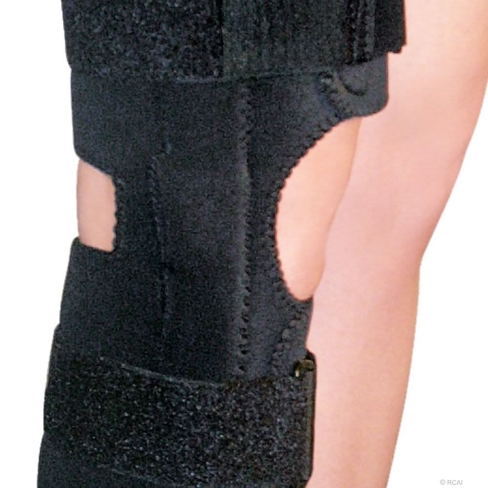 Black neoprene wrap-around knee brace with open patella design, adjustable Velcro straps, and covered hinge for free range.