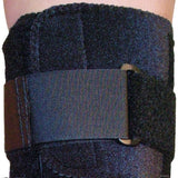 Black active knee brace with adjustable wide Velcro strap and metal hinge, made in the USA, best orthopedic braces for b2b.