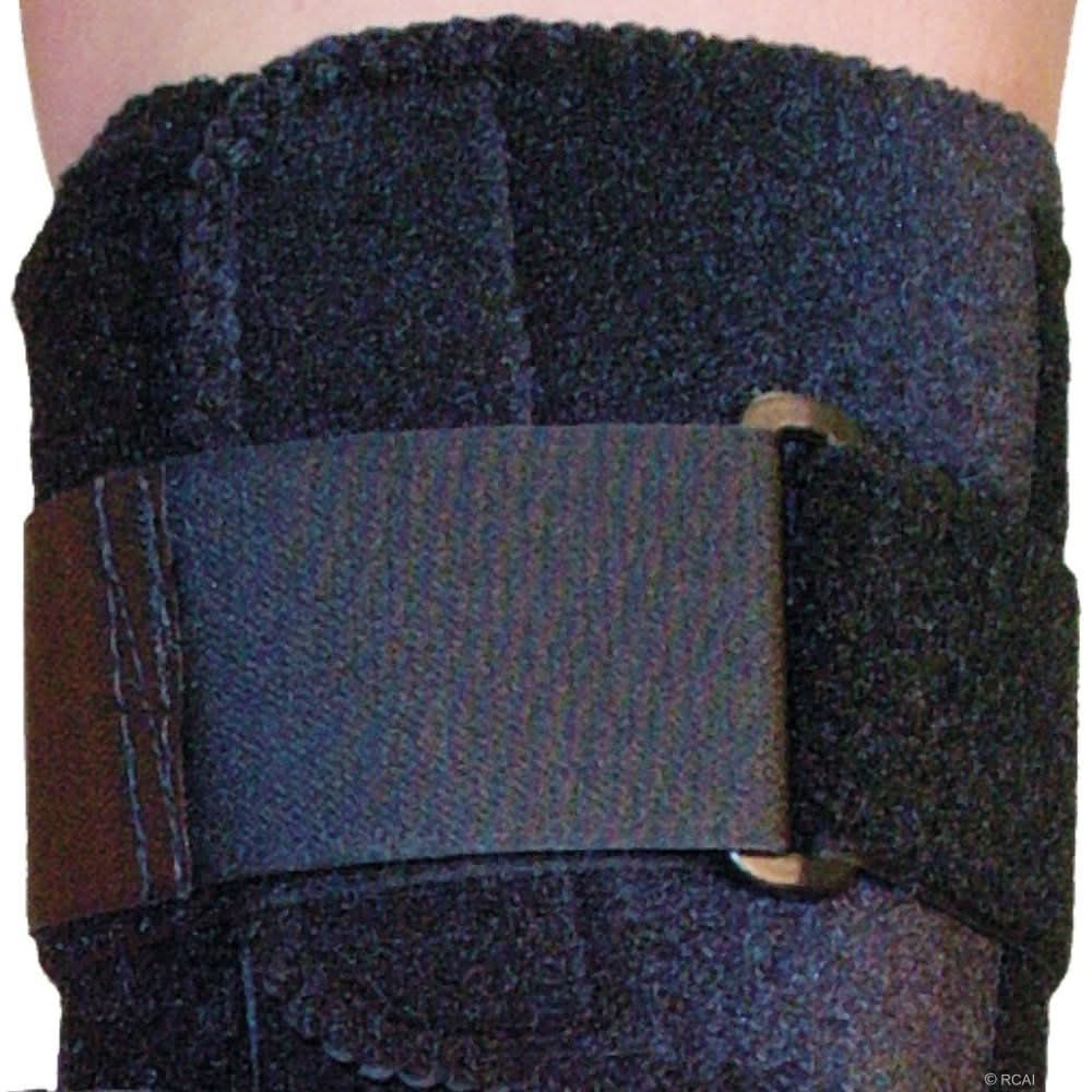 Black active knee brace with adjustable wide Velcro straps and rigid side supports, made in the USA, best orthopedic braces.