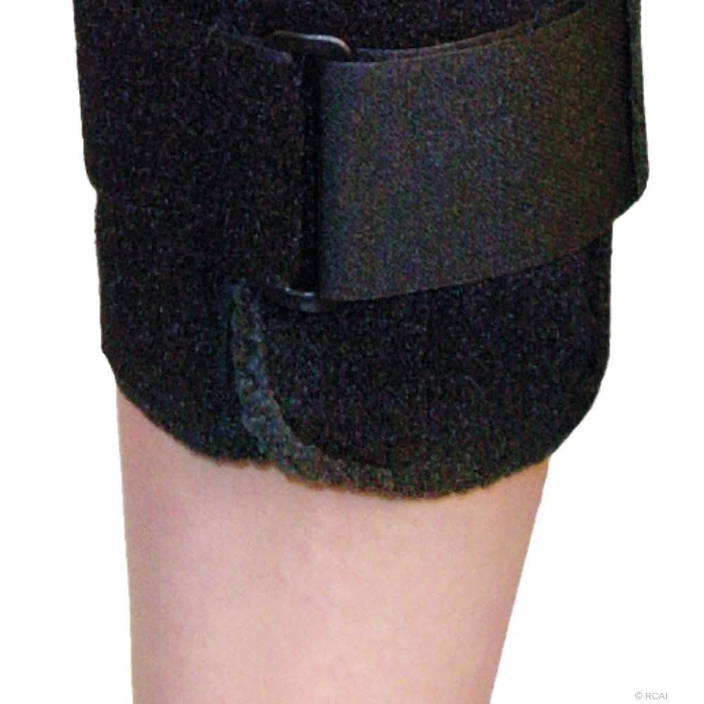 Black neoprene active knee brace with adjustable strap and cushioned interior, made in the USA, RCAI, B2B ortopedics.
