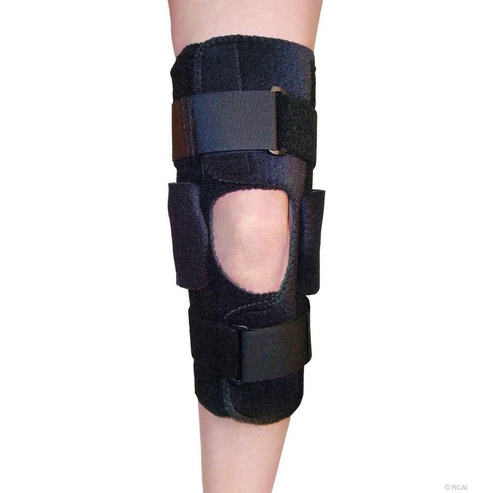 Black active knee brace with adjustable straps and open kneecap design, made in the USA, RCAI, best orthotic brace for B2B.