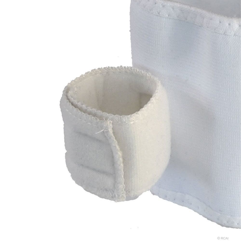 White infant shoulder immobilizer strap with soft padded fabric, featuring secure stitching, made in the USA by RCAI, ideal.
